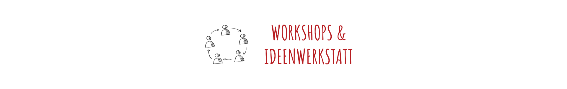 Icon-Menschen im Kreis und Schriftzug "Workshops & Ideenwerkstatt"